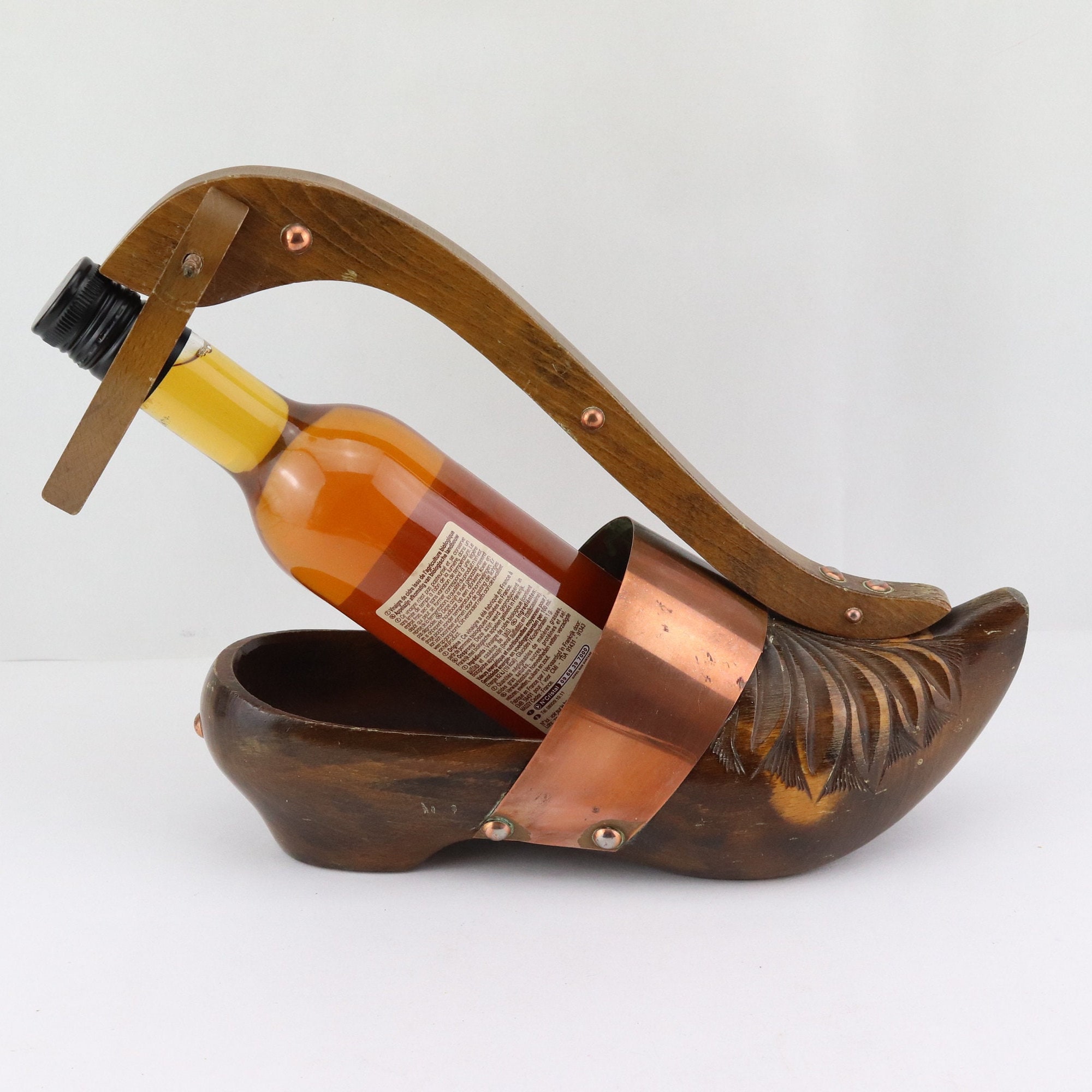 Porte bouteille de vin vintage en bois et cuivre, porte-bouteille sabot, décoration de table, casier bouteille de vin, sabot en bois sculpté