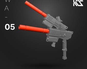 May include: A gray plastic dual pistol set with red barrels. The set is labeled "05 Dual Pistol Set".