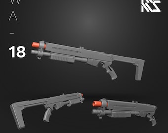 May include: A 3D model of a futuristic shotgun with a grey finish and orange accents. The model is shown in three different angles. The text "Shotgun" is displayed below the model.