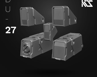 May include: A set of five gray 3D printed scopes. The scopes are designed with a futuristic, industrial look. The scopes are labeled "DU-27" and "RS".