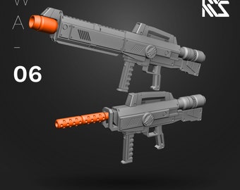 May include: A gray modular rifle with an orange barrel and handle, set against a dark background. The text "WA-06" is visible, along with "Modular Rifle" and "Hi-Definition Model".