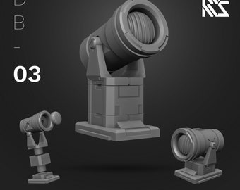 May include: Three different views of a gray, detailed, 3D model of a spot light. The spot light is on a base and has a round, cylindrical lens. The text "Spot Light" is below the image.
