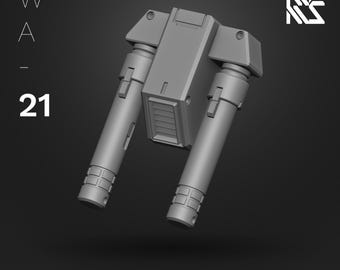 May include: A 3D-rendered model of a Beam Saber, round design. The model is gray and features two cylindrical handles connected to a central rectangular component. The text "Beam Sabers Round" is at the bottom, with "WA-21" on the left.