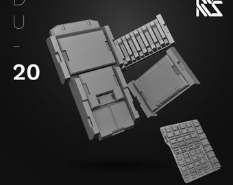 May include: A 3D printed model of a robot part, with the text "Mecha Detail IV" and "HDM HI-DEFINITION MODEL" printed on the bottom. The model is made up of several pieces, including a large rectangular piece, a smaller rectangular piece, and a piece with a grid pattern.