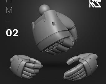 May include: A 3D printed model of a robot hand with a round type design. The hand is shown in three different poses. The model is labeled "Round Type" and "HM-02".