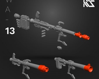 May include: A gray plastic model kit of a modular bazooka with a red rocket. The kit is disassembled and laid out on a gray background. The kit is labeled "Modular Bazooka" and "HDM HI-DEFINITION MODEL".