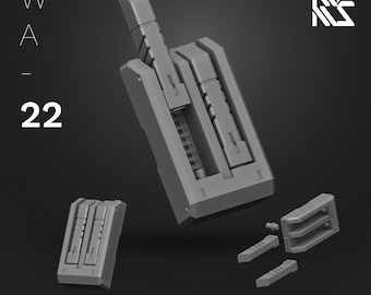 May include: A gray, square Beam Saber model with the text "Beam Sabers Square" at the bottom. The model is composed of several geometric shapes and is set against a dark background. The letters "W", "A", and "22" are also visible.