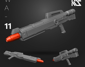 May include: A gray 3D printed model of a futuristic beam rifle. The rifle has a long barrel with a red tip and a scope on top. The model is labeled "Beam Rifle" and "HDM HI-DEFINITION MODEL".