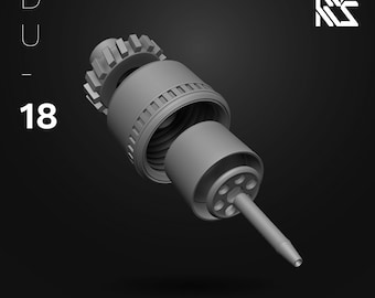 May include: A gray 3D printed model of a thruster set, consisting of multiple parts, including a nozzle, a cylindrical section, and a gear. The model is labeled "Thruster Set II" and "HDM HI-DEFINITION MODEL".