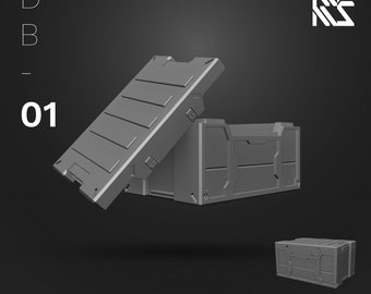 May include: A gray plastic cargo box with a hinged lid. The lid is open and the box is floating in mid-air. The box has a textured surface and a rectangular shape. The box is labeled "Cargo Box".
