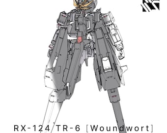 May include: A detailed illustration of a mecha robot, the RX-124/TR-6 [Woundwort], from the Advance of Zeta series. The robot is primarily gray with gold accents and a complex design. Text at the bottom reads "Advance of Zeta: The Flag of Titans" and "Fixed Pose // 1/100 Scale Model Kit."