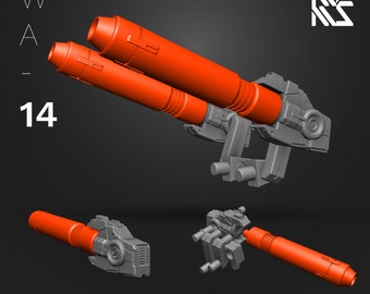 May include: A set of three gray and orange plastic model kit parts for a shoulder cannon. The parts are labeled "WA-14" and "HDM HI-DEFINITION MODEL".
