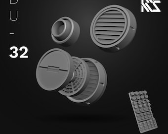 May include: A set of gray mechanical components labeled DU-32 Vernier IV, including a circular vent, a cylindrical nozzle, and a larger assembly with a slotted cap and internal grid structure, alongside a small sprue of miniature parts on a black background.
