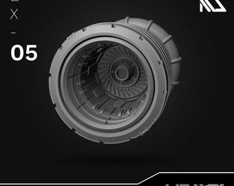 May include: A grayscale rocket thruster set, featuring a detailed, circular design with internal components visible. The image includes the text "EX - 05" and "ROCKET THRUSTER SET". The HDNEX logo is also present.