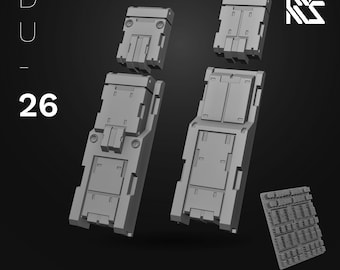 May include: Gray mecha detail components, including rectangular panels and smaller parts, are displayed against a dark background. The text "DU - 26" is visible, along with "Mecha Detail VI" and "HDM Hi-Definition Model".