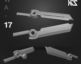 May include: Three 3D models of short swords. The swords are gray and have a futuristic design. The models are labeled "Short Swords" and "HDM HI-DEFINITION MODEL".