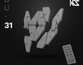 May include: A set of grey, angular armor panels with mechanical detailing and visible hinges, arranged in a cluster. The image includes the text D U 31, Armor Panels III, and HDM HI-DEFINITION MODEL, along with a small rectangular sprue of parts.