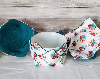 Single, Set of 2 or 4 Reversible Microwave Bowl Cozies, Ice Cream Cozy, Soup Bowl Cozy, Gift, Quilted Hot Pad, Pioneer Woman Floral/Teal