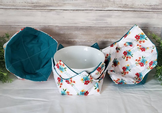 Single, Set of 2 or 4 Reversible Microwave Bowl Cozies, Ice Cream Cozy,  Soup Bowl Cozy, Gift, Quilted Hot Pad, Pioneer Woman Floral/teal 