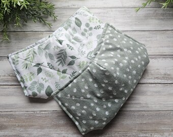 Reversible Microwave Bowl Cozy: Eucalyptus Leaves & Sage Dots, Quilted Hot Pad