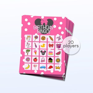 Minnie Maus Geburtstags Bingo |  20 Spieler |  Sofortiger Download + Druck zu Hause für einfache Party-Aktivitäten