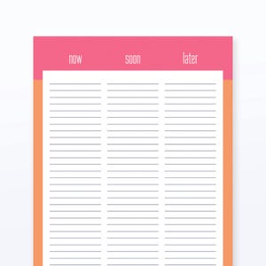 May include: A colorful planner with a pink top section and an orange side border. The top section has the words "now", "soon", and "later". The planner has lined pages for notes and scheduling.