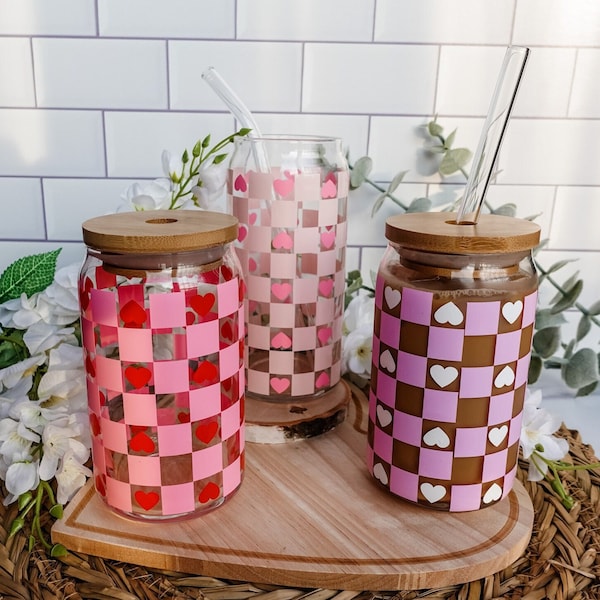 Retro Checkered Hearts Glass Cup | Iced Coffee Cup with Lid & Straw | 16oz | 20oz | Gift For Her | V-day Gift | Libbey Cup | Valentine's Cup