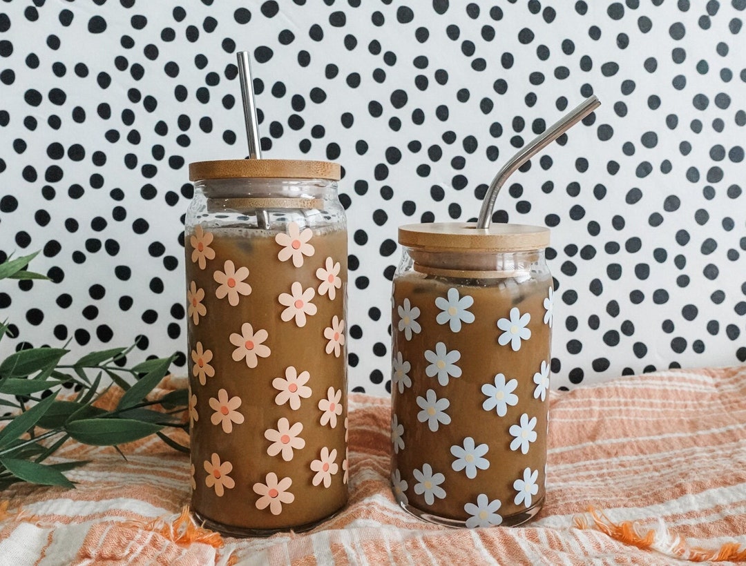 Daisy Glass Iced Coffee Cup With Bamboo Lid & Straw - Etsy