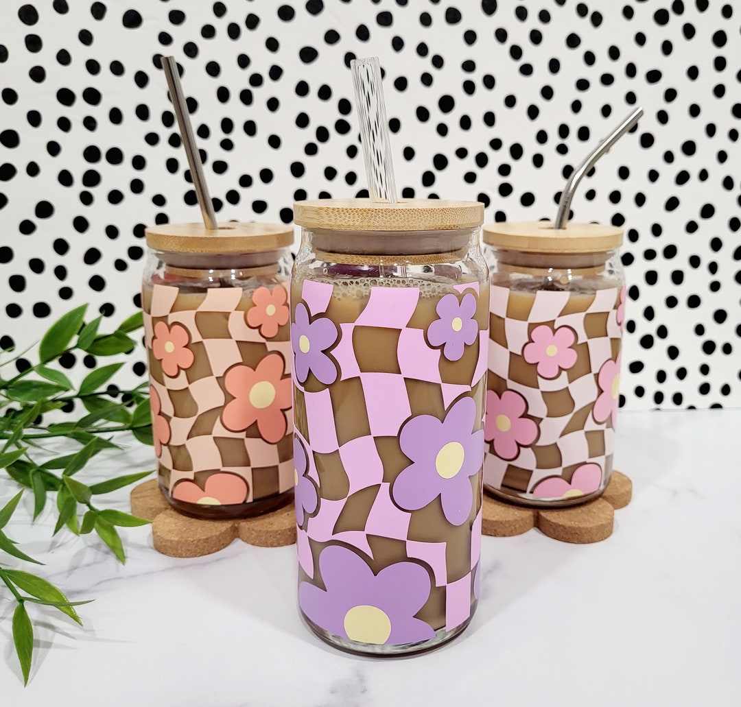 Retro Checkered Flower Glass Iced Coffee Cup With Lid & Straw - Etsy