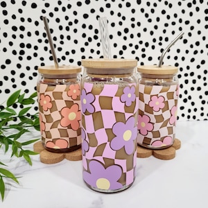 Retro Checkered Flower Glass Cup | Iced Coffee Cup with Lid & Straw | 16oz | 20oz | Groovy Glass Cup | Gift Idea | Beer Can Glass