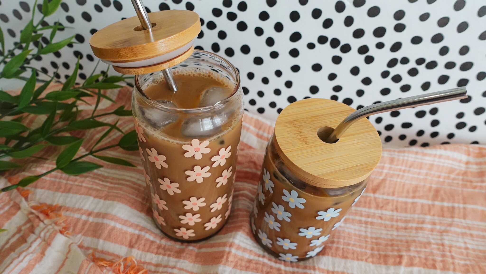 Daisy Glass Iced Coffee Cup With Bamboo Lid & Straw - Etsy