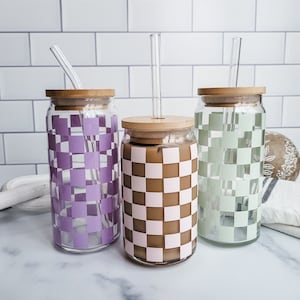 Retro Checkered Glass Cup | Iced Coffee Cup with Lid & Straw | 16oz | 20oz | Gift For Her | Trendy | Libbey Cup | Gift Idea | Beer Can Glass