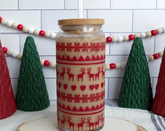 Nordic Sweater Cup | Christmas Reindeer Iced Coffee Glass Cup | Fair Isle Holiday Mug