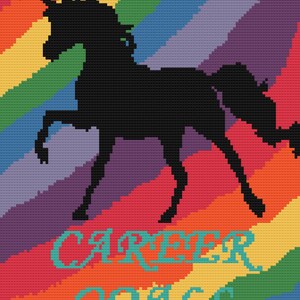 Pode incluir: Uma silhueta preta de um unic&oacute;rnio contra um fundo de arco-&iacute;ris com o texto "CAREER GOALS" em turquesa.