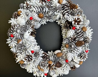 Handmade Frosted Pine Cone Christmas Wreath with Red Berries (13")