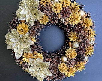 Corona navideña de piñas doradas hecha a mano: decoración rústica invernal, 40 cm