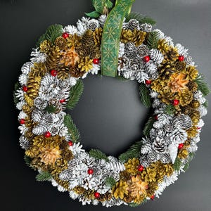 Handmade Christmas Pinecone Wreath: Golden, White, and Red (18 inches)