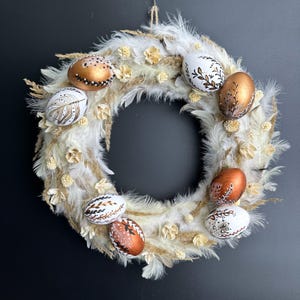 Easter Egg Wreath with Natural Feathers and Dried Flowers – Spring Door Décor for Easter Celebrations and Front Door Decoration