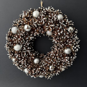 Snowy Pinecone Christmas Wreath with Silver Ornaments