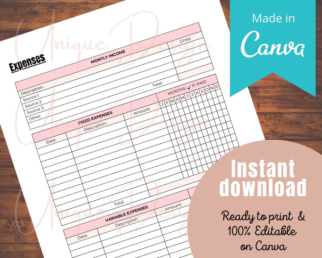 Expenses Log, Template, Printable, 100% Editable - Etsy