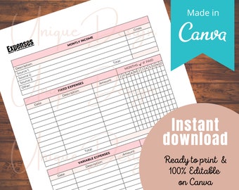 Expenses log, Template, Printable, 100% editable