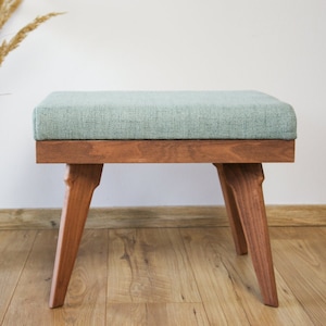 Handmade Mid-Century Modern Blue Ottoman: Beech Wood Footstool