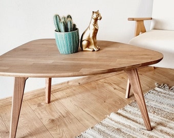 Handmade Mid Century Coffee Table: Solid Beech Wood, Guitar Pick Shape