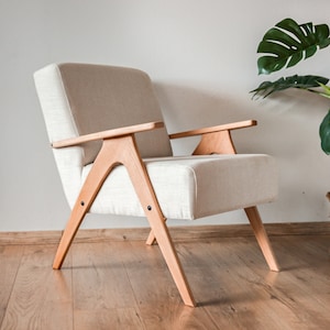 Vintage Leinen Sessel, Akzent Stühle, Mid Century Sessel aus Leinenstoff, Mid Century Möbel handgefertigt, kleiner bequemer Lounge Sessel
