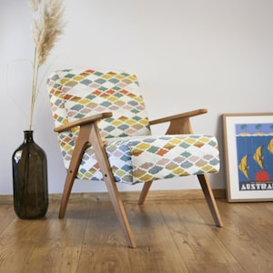 Mid Century Armchair, vintage armchair in Colorful fabric