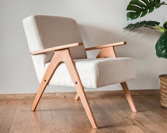 Mid Century Armchair: Linen Upholstery, Solid Beech Frame, Handmade