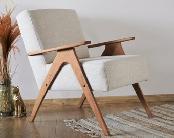 Moderne fauteuil uit het midden van de eeuw in beige linnen, handgemaakte stoel in vintage-stijl, winkel meer retro- en vintage meubels in onze collectie