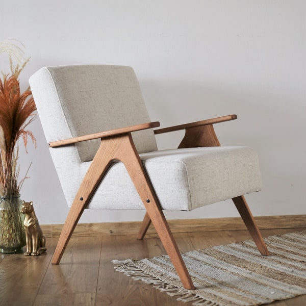 Fauteuil moderne Mid-Century en lin beige, chaise de style vintage faite main, Achetez plus de meubles rétro et vintage dans notre collection