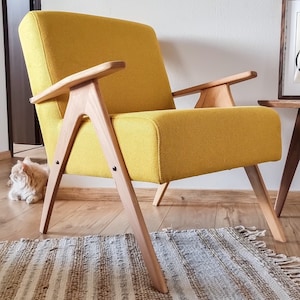 Yellow Mid-Century Beech Armchair | Compact Retro Accent Chair, Handmade Croatia – Free EU Shipping