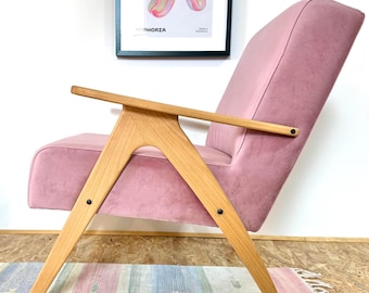 Mid Century Armchair: Pink Velvet, Solid Beech Frame, Handmade